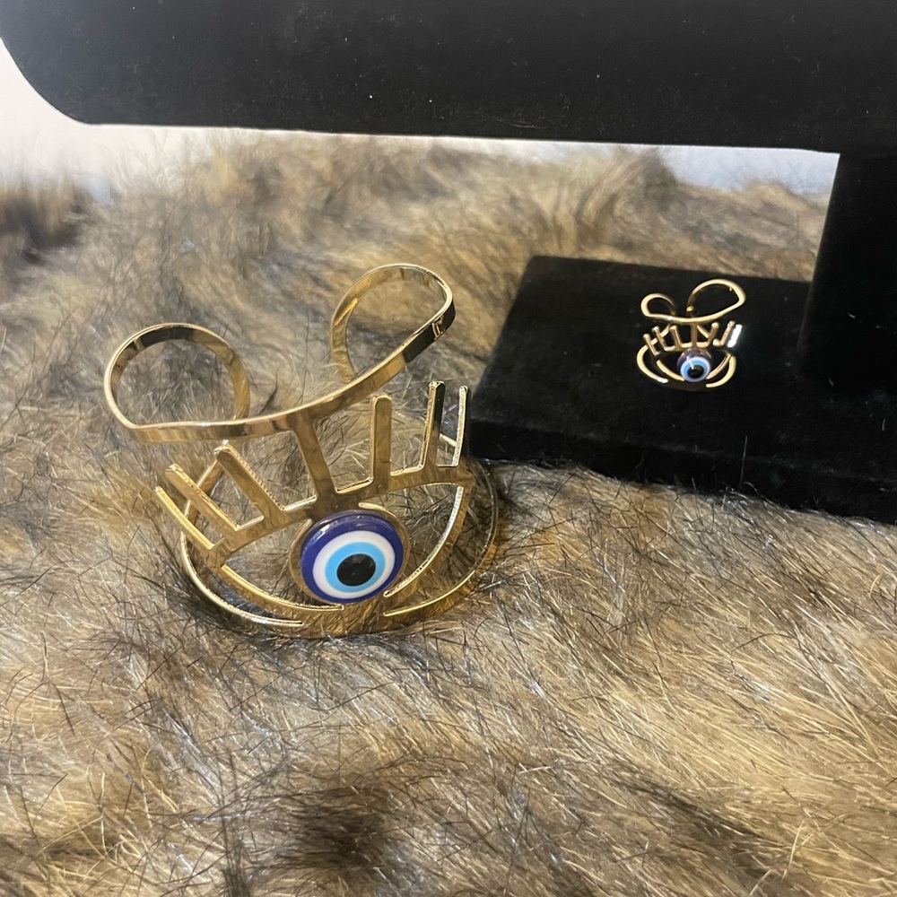 Gold and Blue Evil Eye Cuff Bracelet